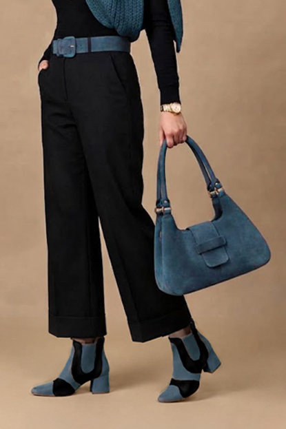 Dress ankle boots side elastics in matt black and peacock blue leather with low flare heels and round toe -Worn view